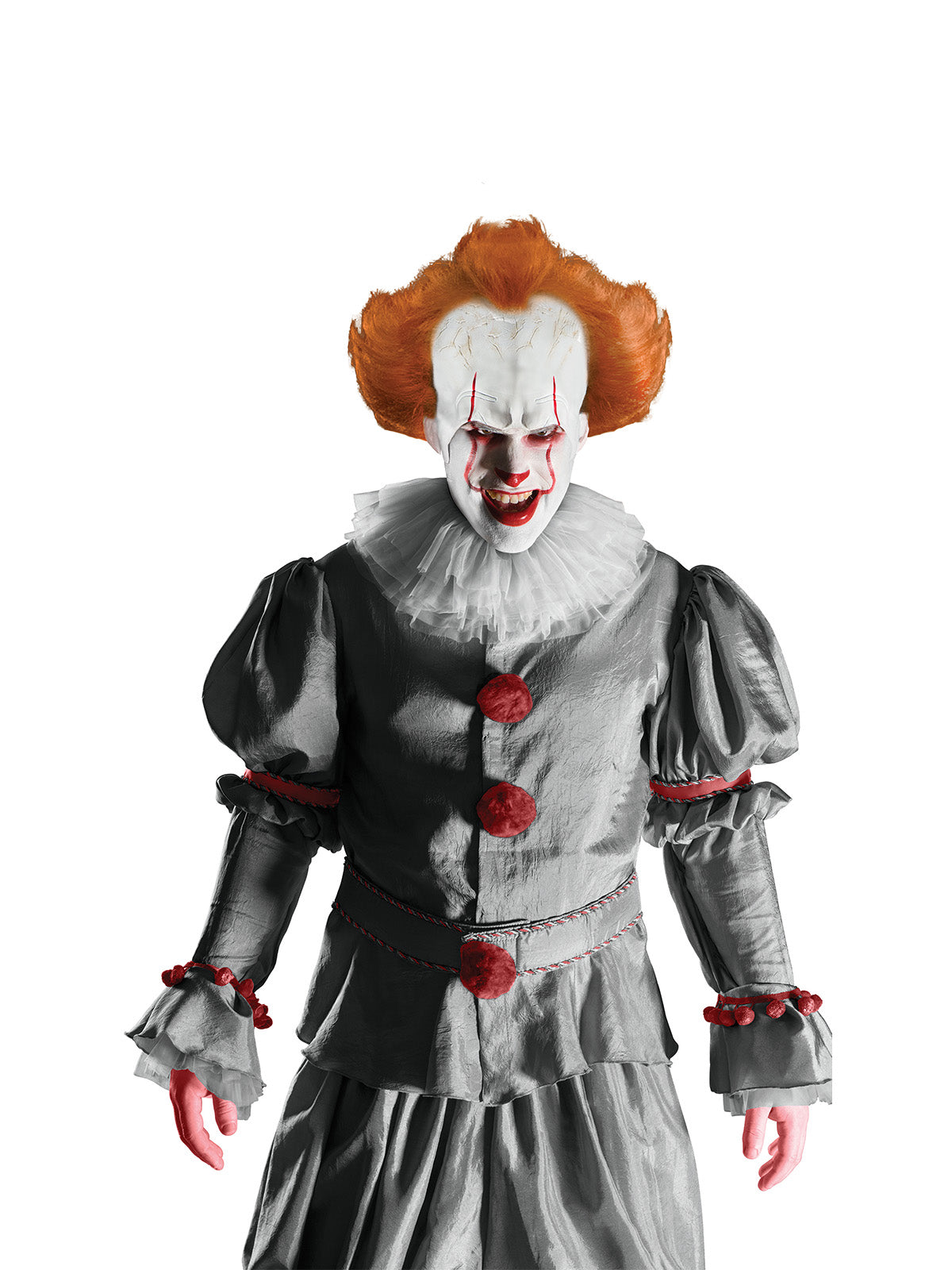 Person in a Pennywise costume wearing the wig with attached forehead piece