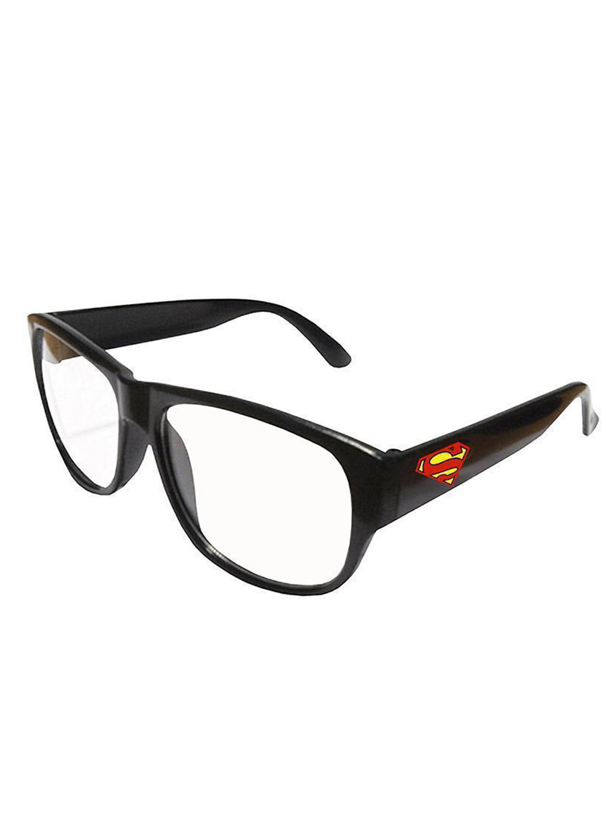 Black-framed Clark Kent glasses with clear lenses and a Superman logo on the arm