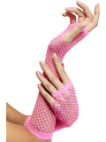 Arms wearing long neon pink fishnet fingerless gloves
