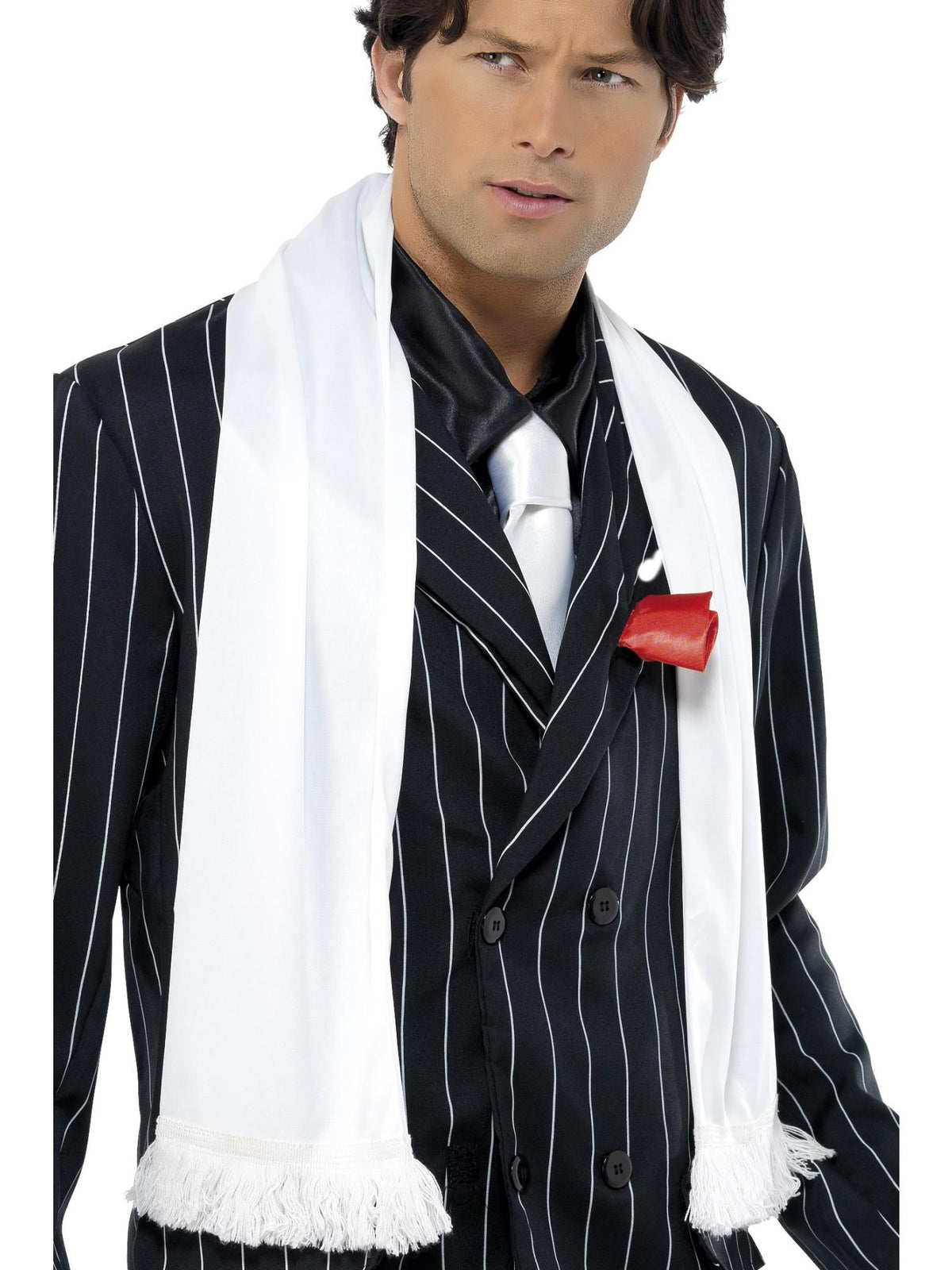Man wearing a long white scarf with tassels over a pinstripe suit
