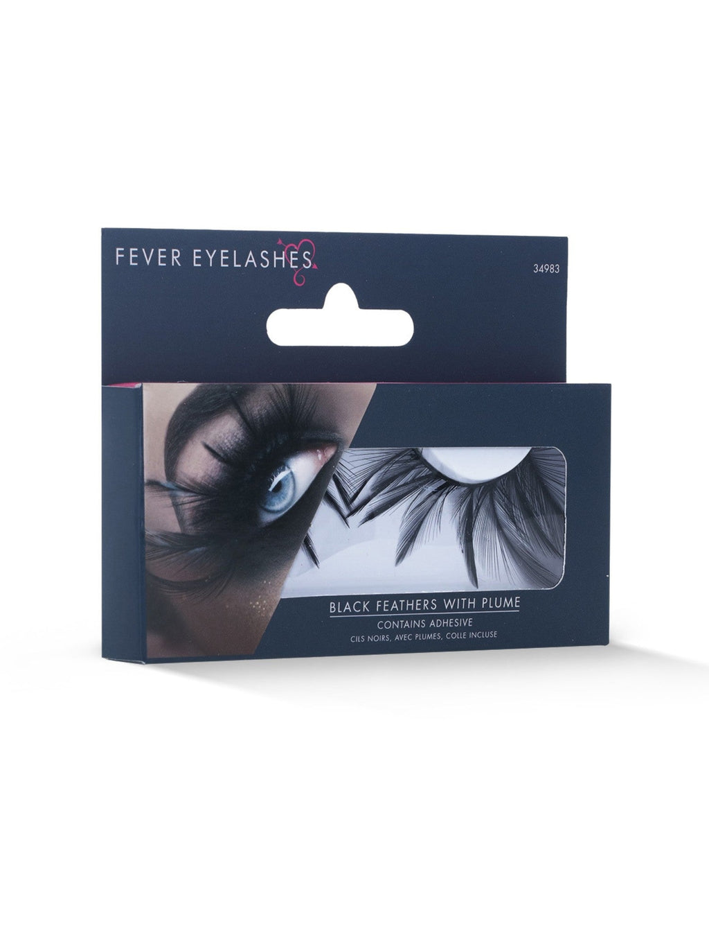 Black feather plume eyelashes in their retail packaging