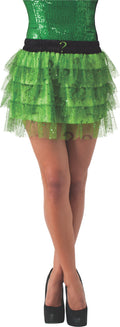 Woman wearing the green glitter Riddler tutu skirt with question mark print