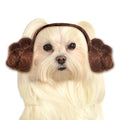 Small dog wearing the Princess Leia buns pet headband