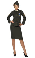 Green women's wartime officer costume with hat, skirt, jacket with medals and mock shirt with tie