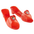 Pair of sparkly red Snow White jelly shoes with heart pendants