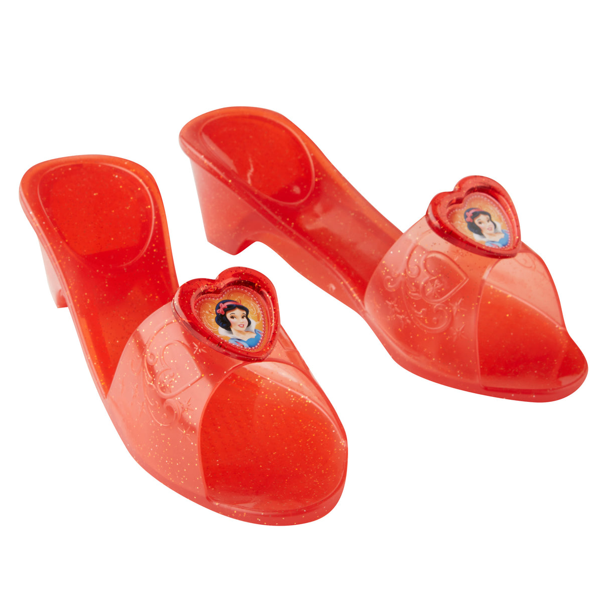 Pair of sparkly red Snow White jelly shoes with heart pendants
