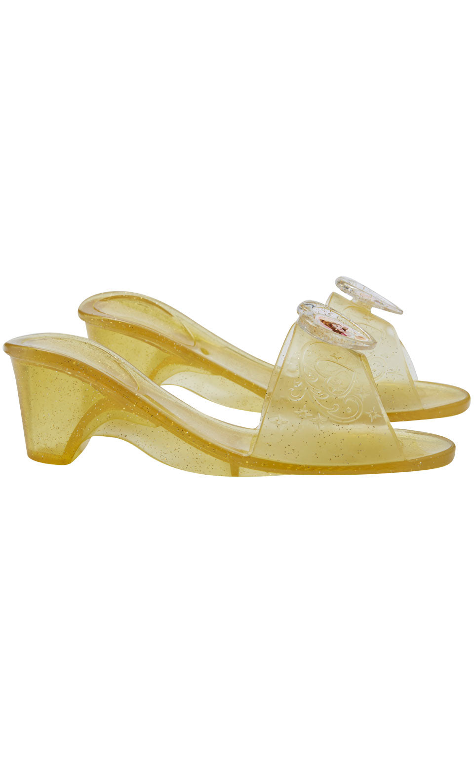 Pair of gold glitter Belle jelly shoes with a small heel and heart pendant