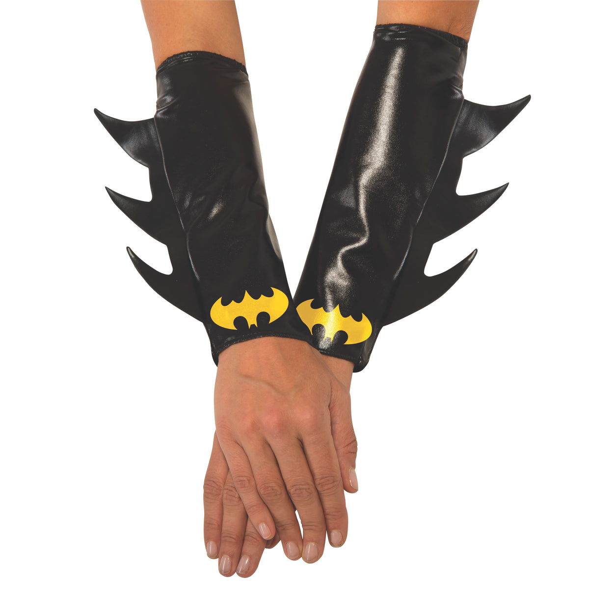 Hands wearing black Batgirl gauntlets with fins and yellow bat logos at the wrists