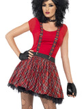Woman wearing a red tartan punk tutu skirt with lace trim, tartan braces and black fingerless gloves