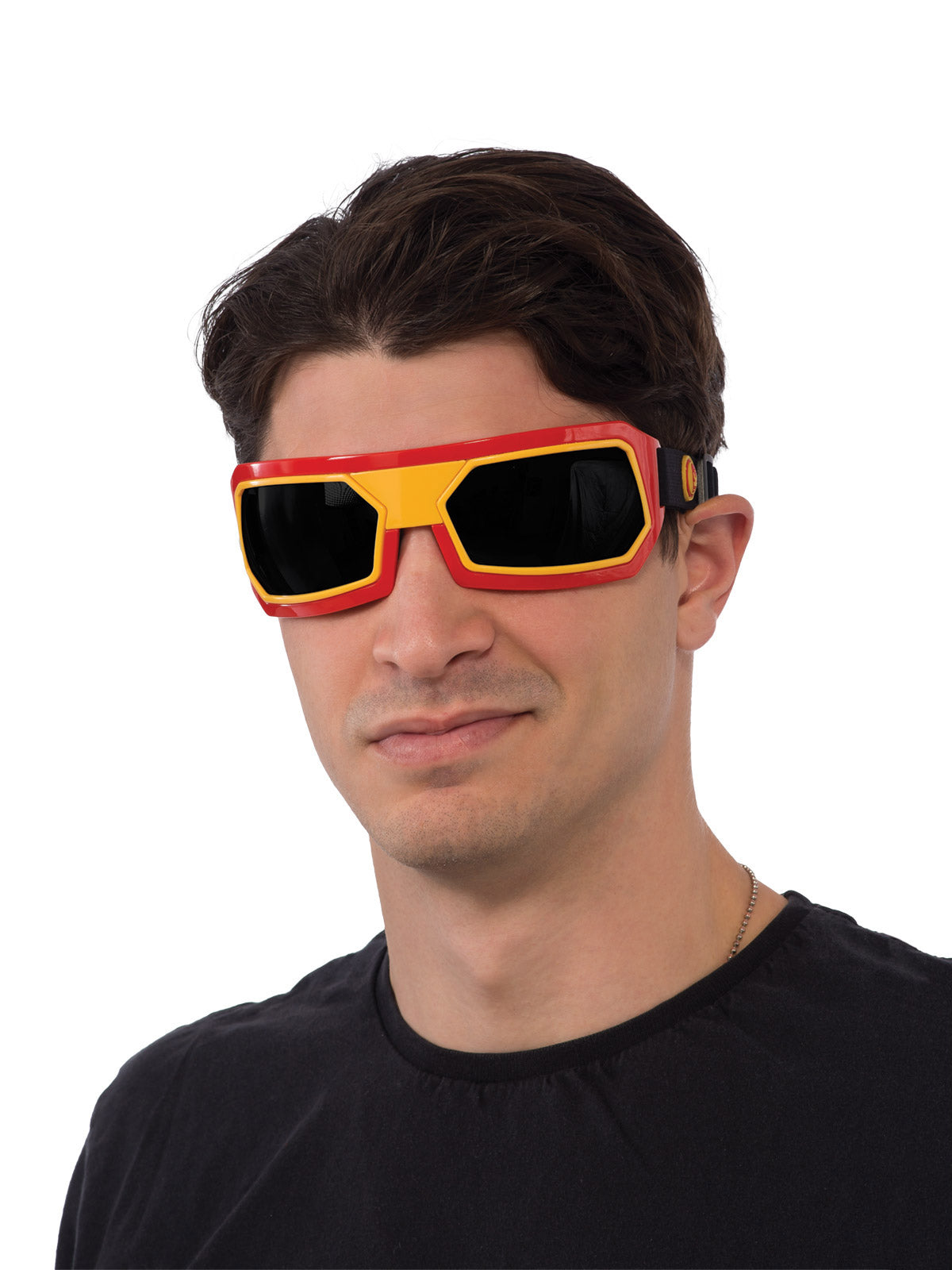 Man wearing red and gold Iron Man goggles