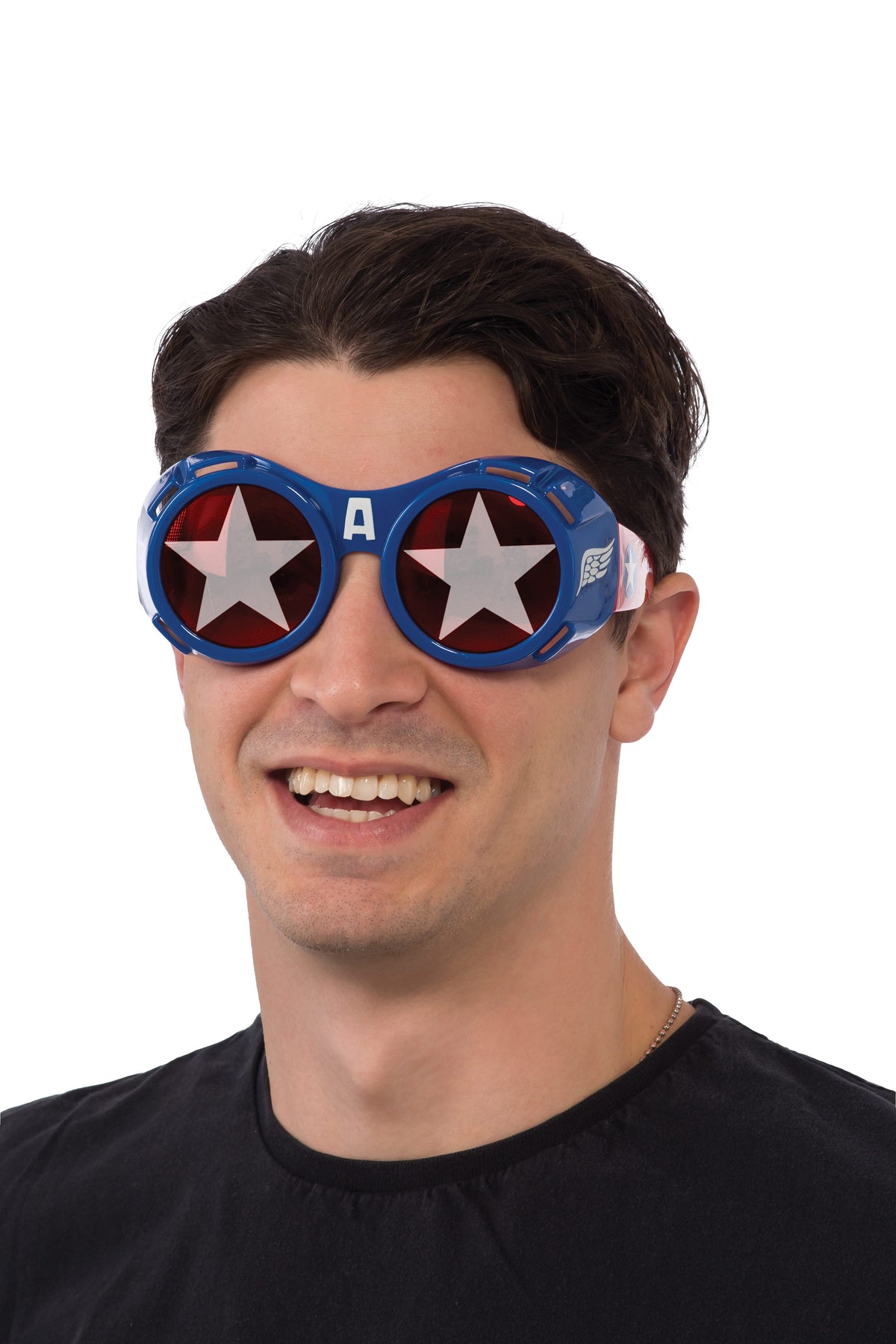 Man wearing blue Captain America goggles with star-printed lenses