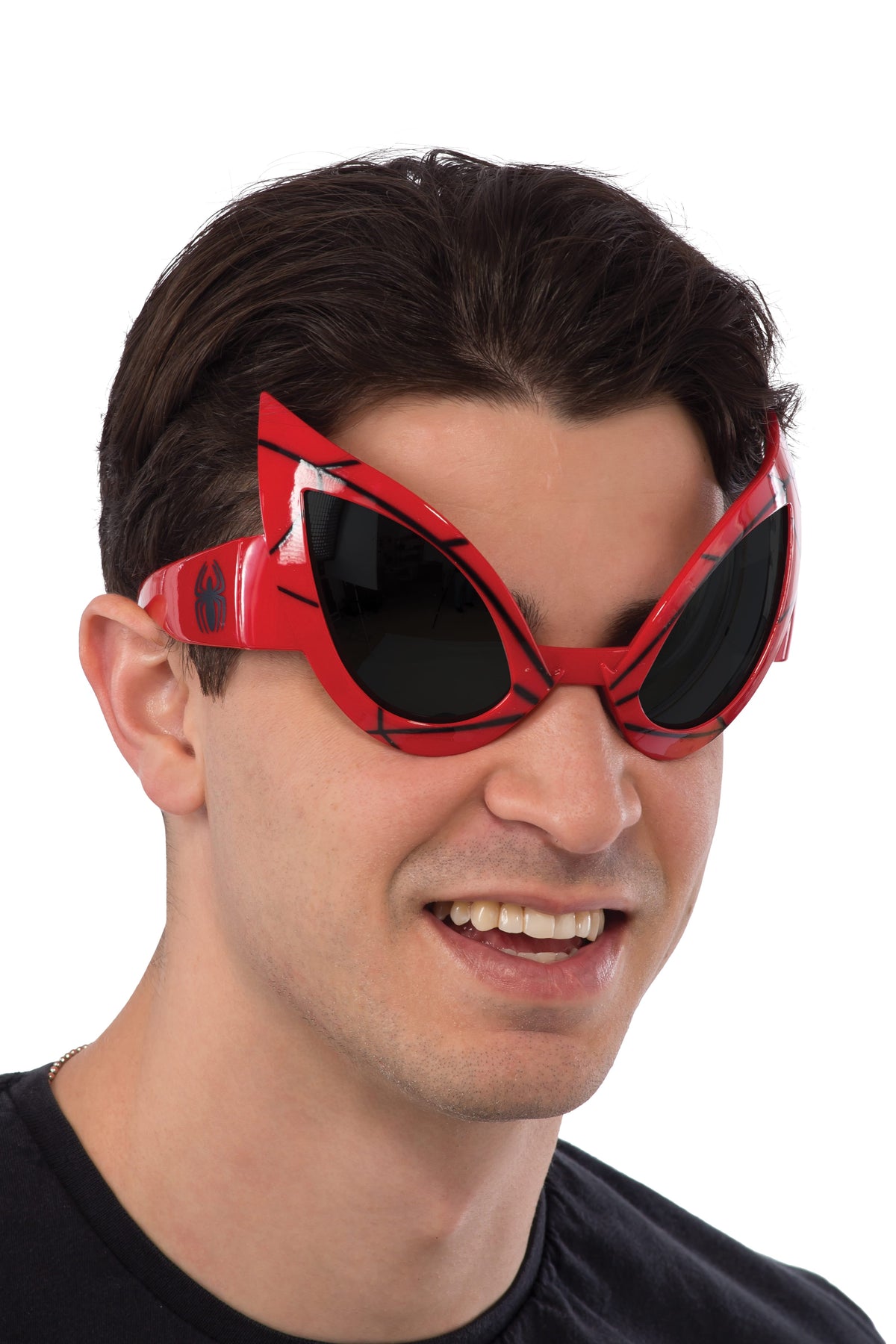 Man wearing red Spider-Man goggles with dark lenses