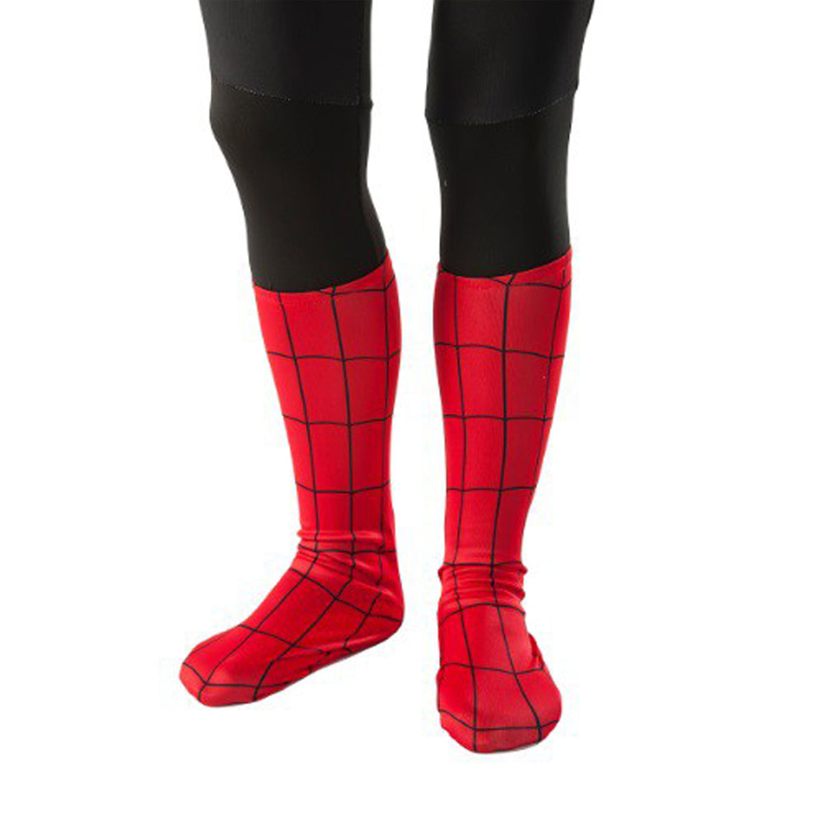 Child's feet in red Spider-Man web-print boot covers