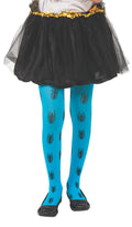 Girl's legs in bright blue Spider-Girl tights with black spider print