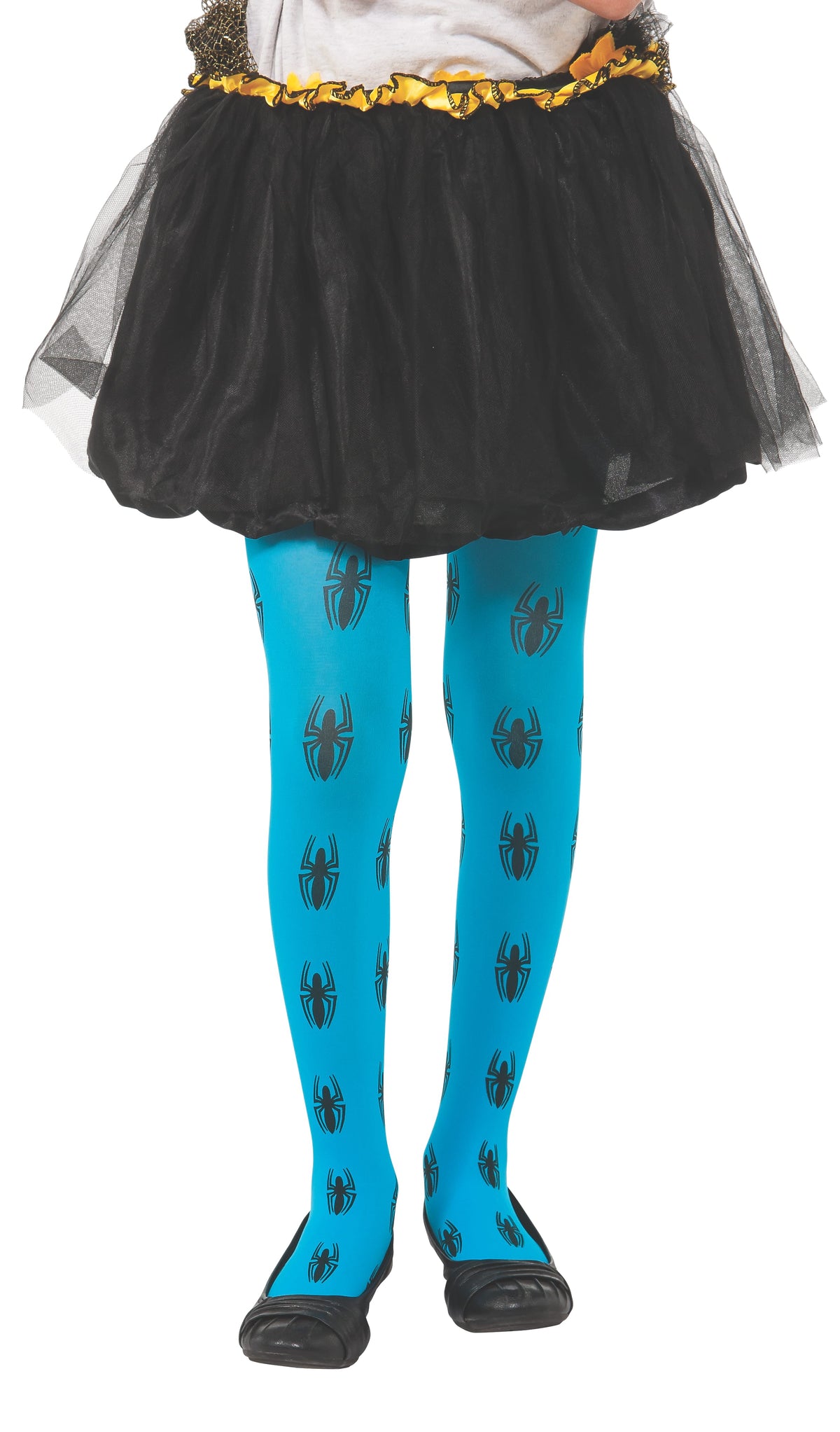 Girl's legs in bright blue Spider-Girl tights with black spider print