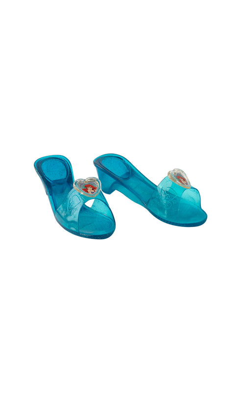 Pair of blue Ariel jelly shoes for kids with a small heel and heart pendant