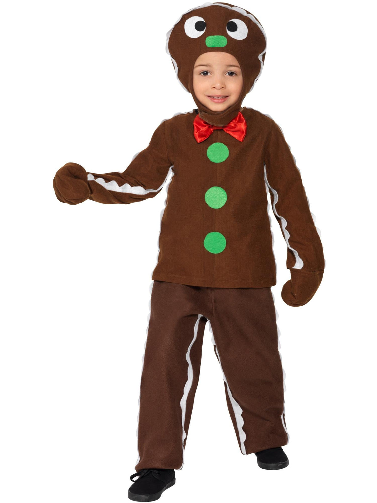 Boy waving in the brown Gingerbread Man costume with a hood face, mitts and white icing trim