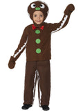 Boy in the Gingerbread Man costume with a brown top and pants, green buttons, red bow and icing trim