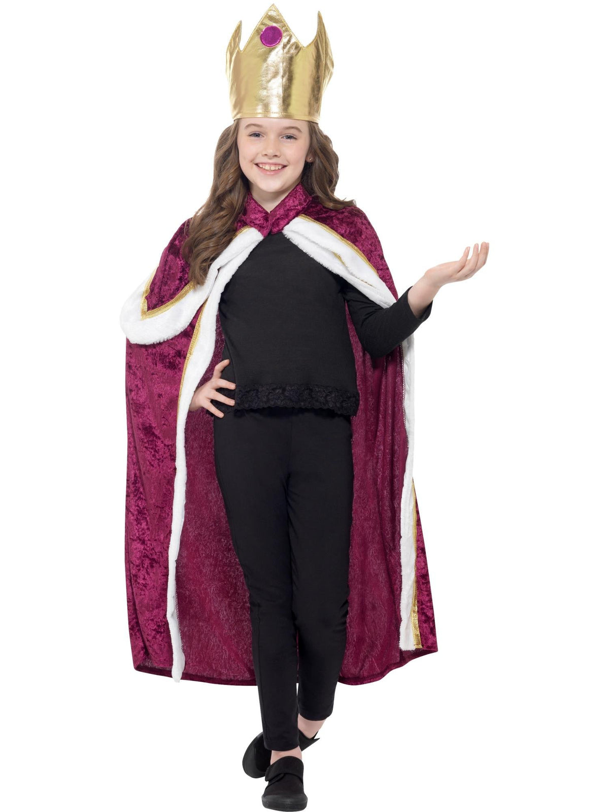 Child wearing the Kiddy King purple robe with white fur-look trim and a soft gold crown