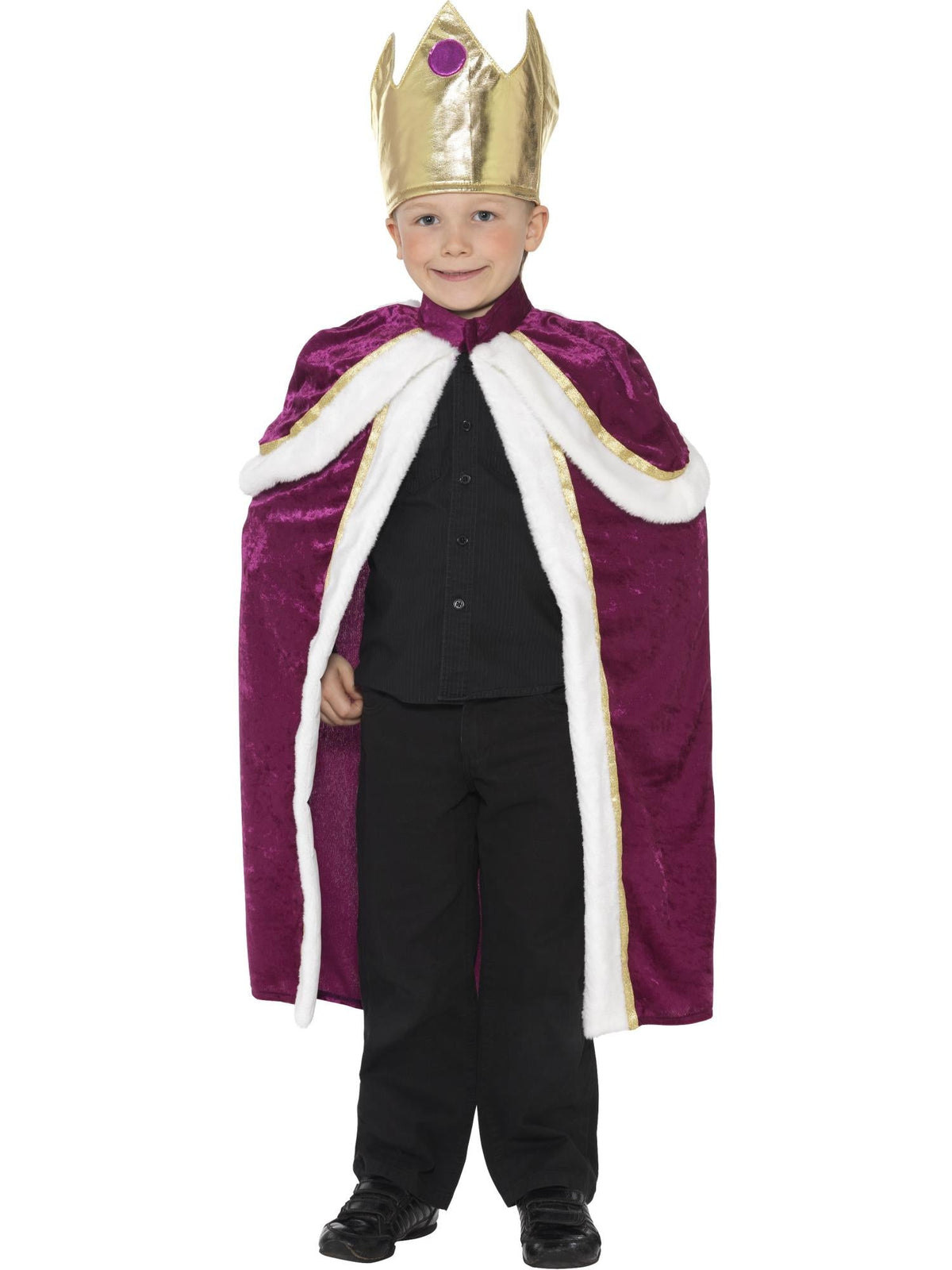 Boy in the Kiddy King costume with a purple robe, white trimmed cape and gold jewelled crown