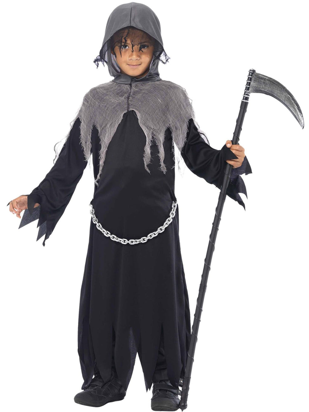 Boy in the Grim Reaper robe and grey hood, shown from the other side