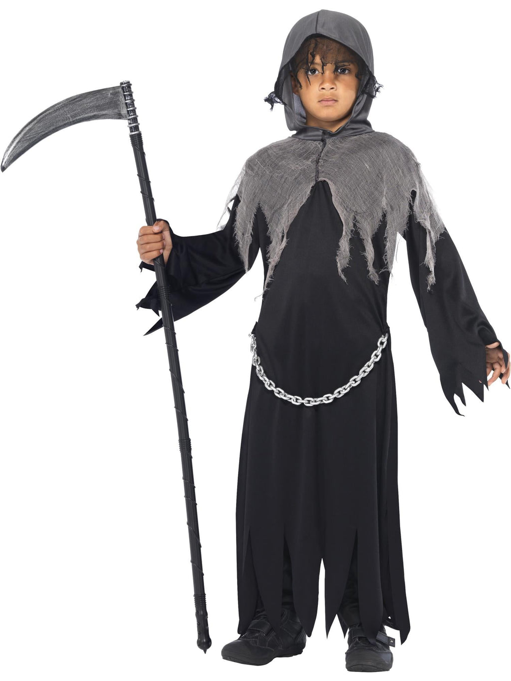 Boy in the Grim Reaper costume with a black robe, grey tattered hood and cape, and chain