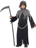 Boy in the Grim Reaper costume with a black robe, grey tattered hood and cape, and chain