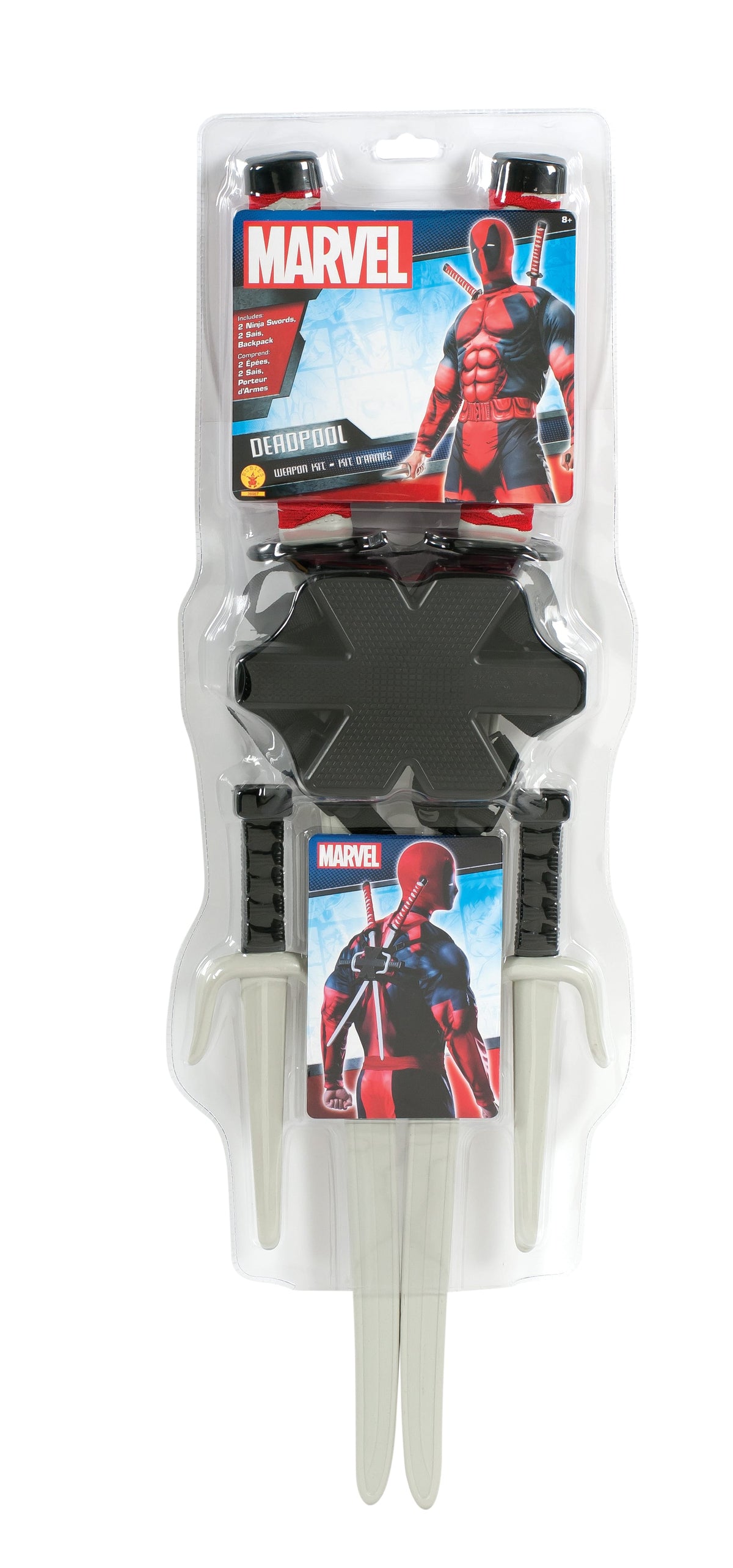 Deadpool weapon kit with two swords, two sais and a back holder in retail packaging