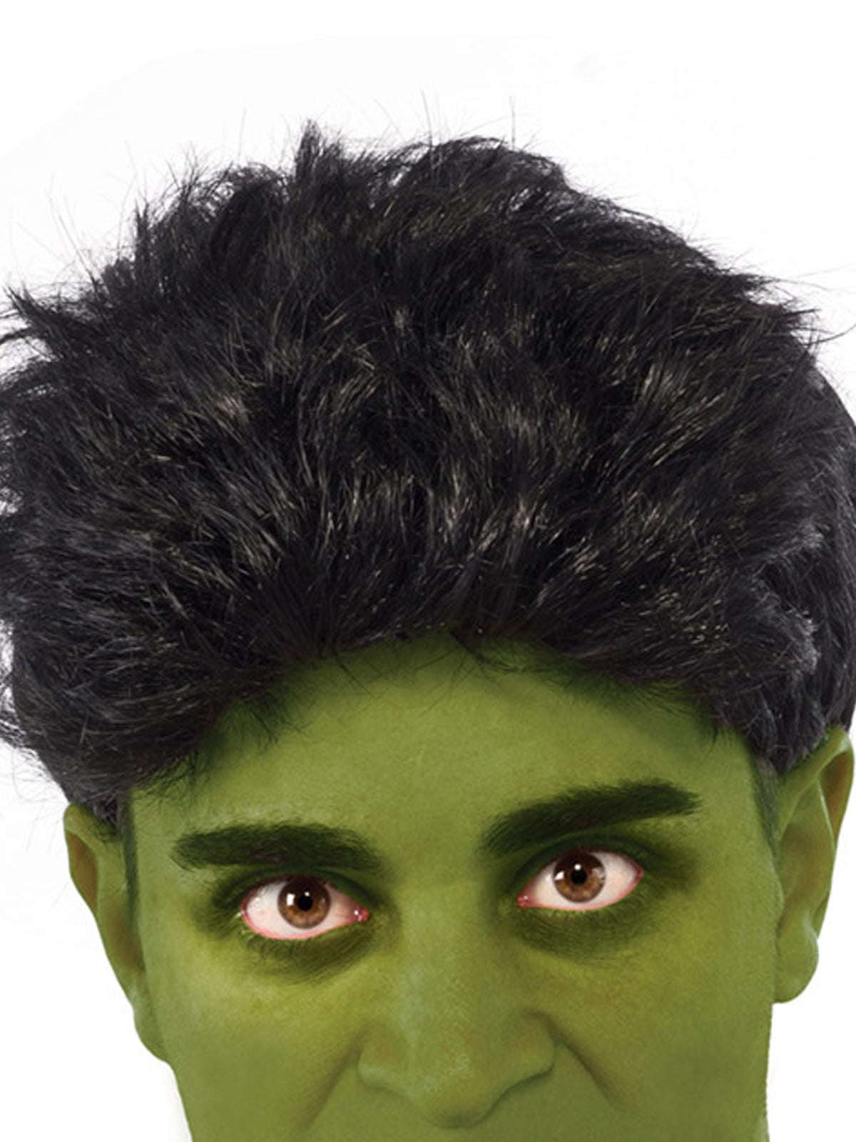 Close-up of the short black messy Hulk wig
