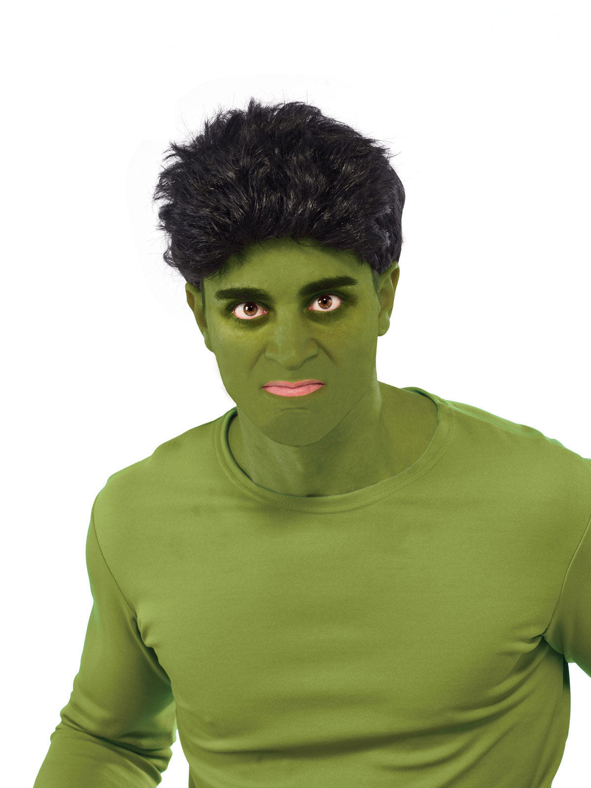 Man with green face paint wearing a short black messy Hulk wig