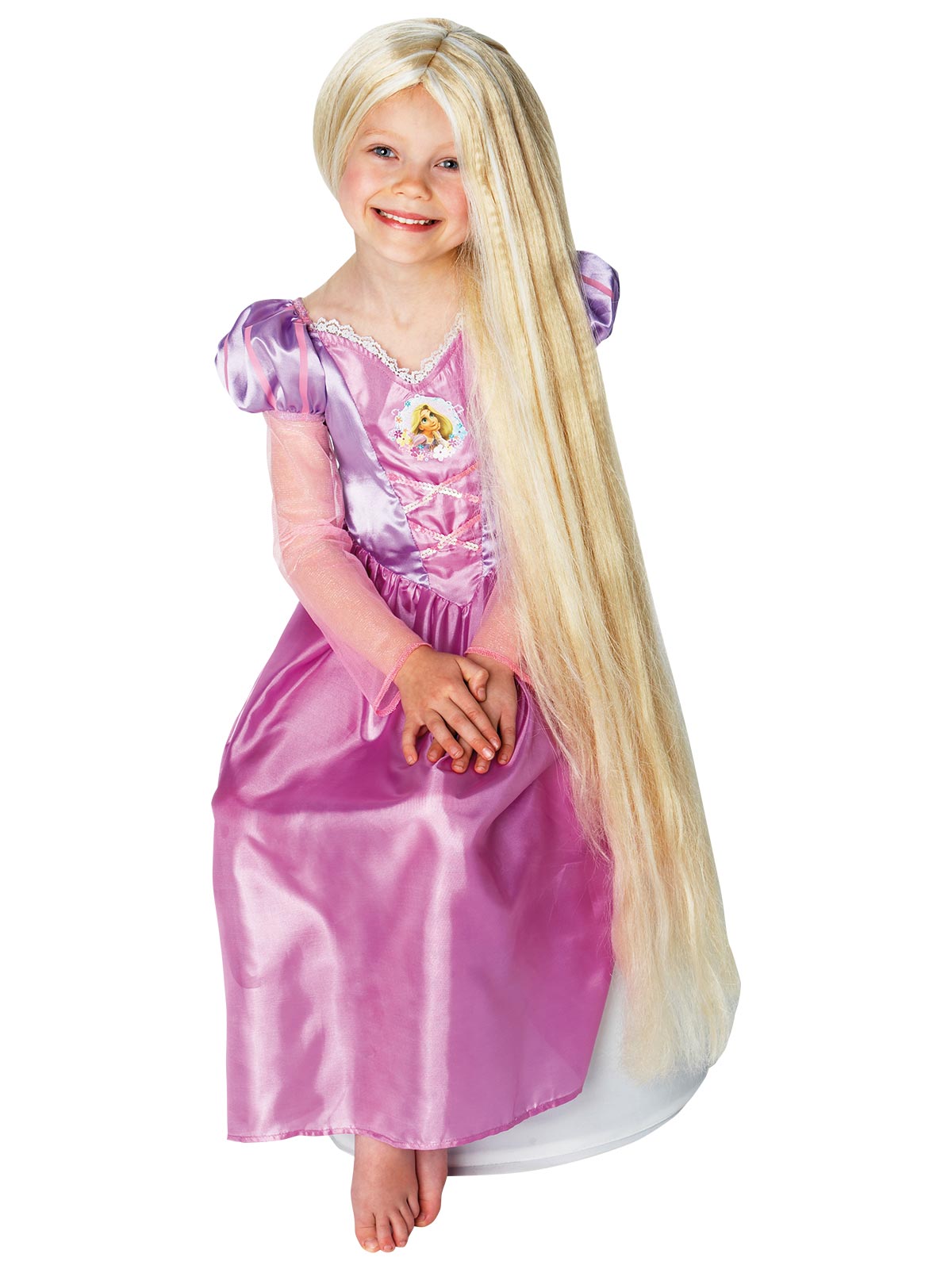 Girl wearing the very long straight blonde Rapunzel glow in the dark wig