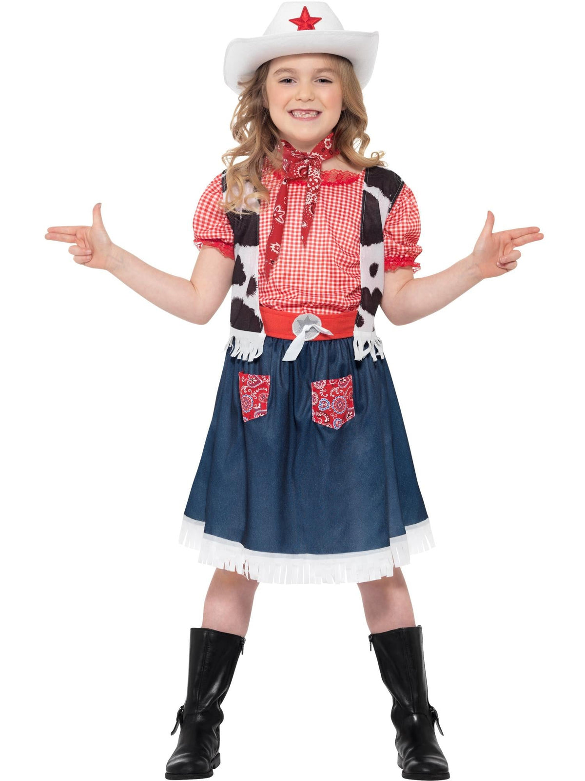 Girl in the cowgirl sweetie costume with blue skirt, red check top and white hat with red star