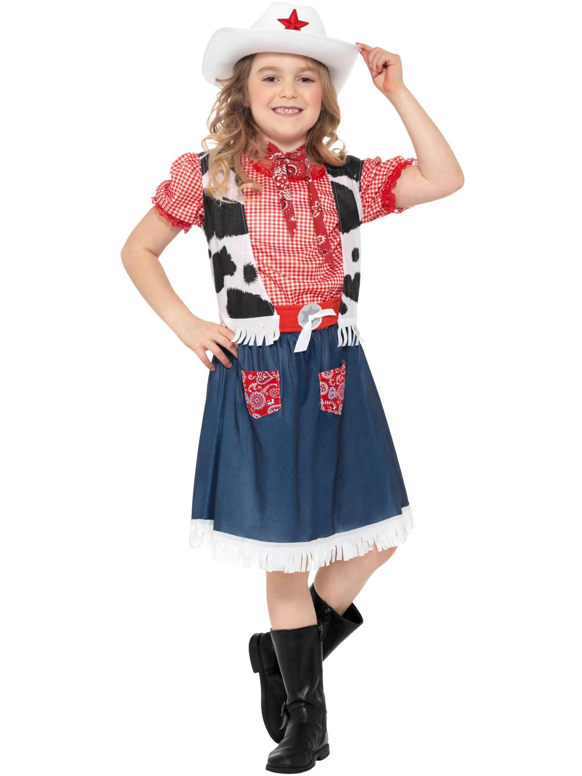 Girl in cowgirl costume with blue dress, cow print vest, red scarf and white hat
