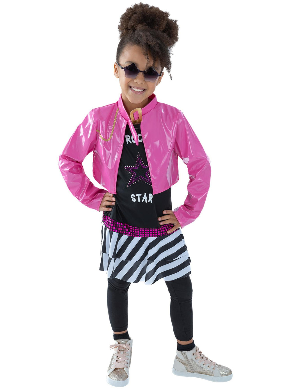 Girl in the Rockstar Glam pink jacket and rock star top with sunglasses and striped skirt