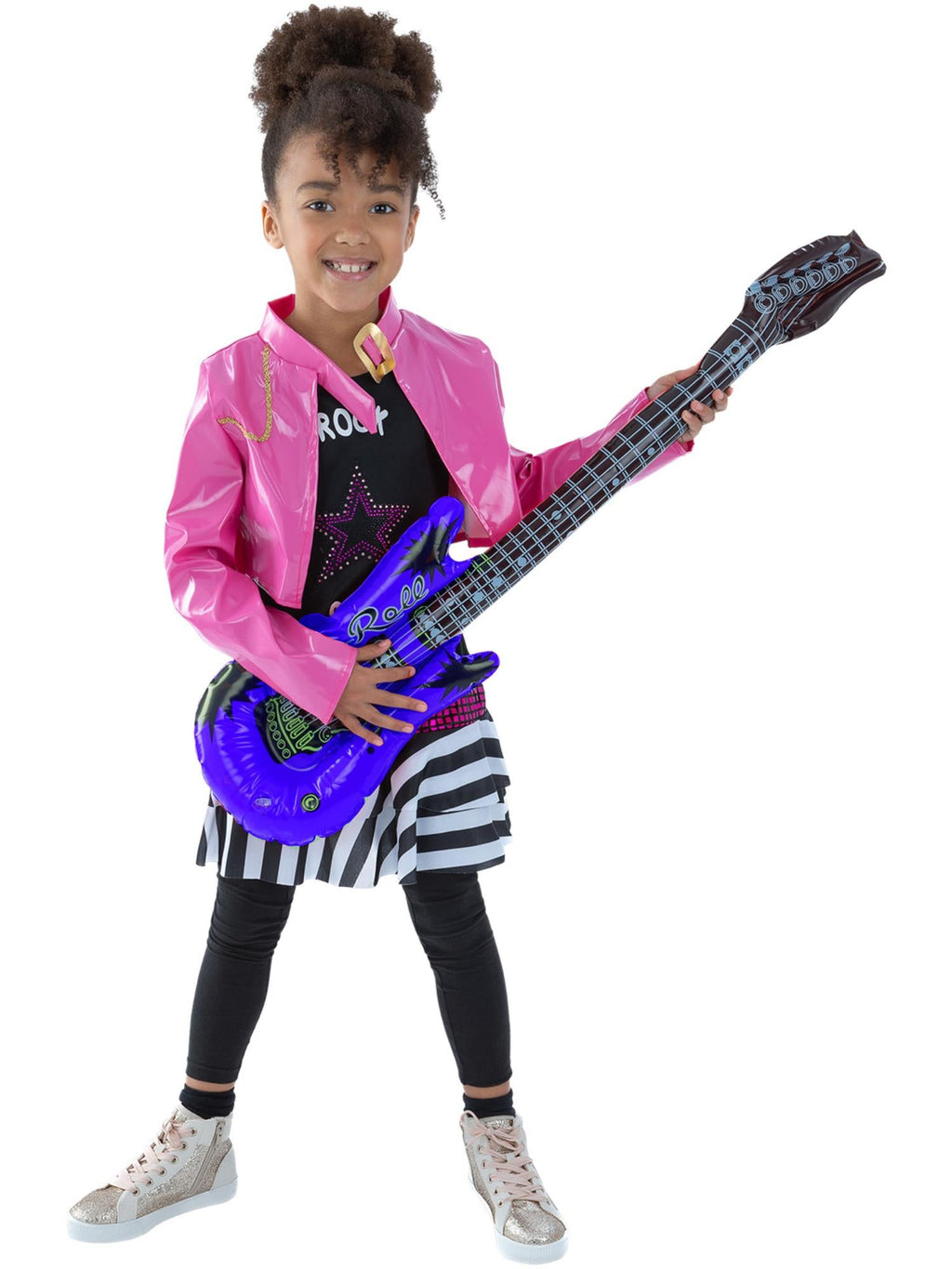 Girl wearing a pink vinyl-look rock star jacket with gold trim and a shimmery star top