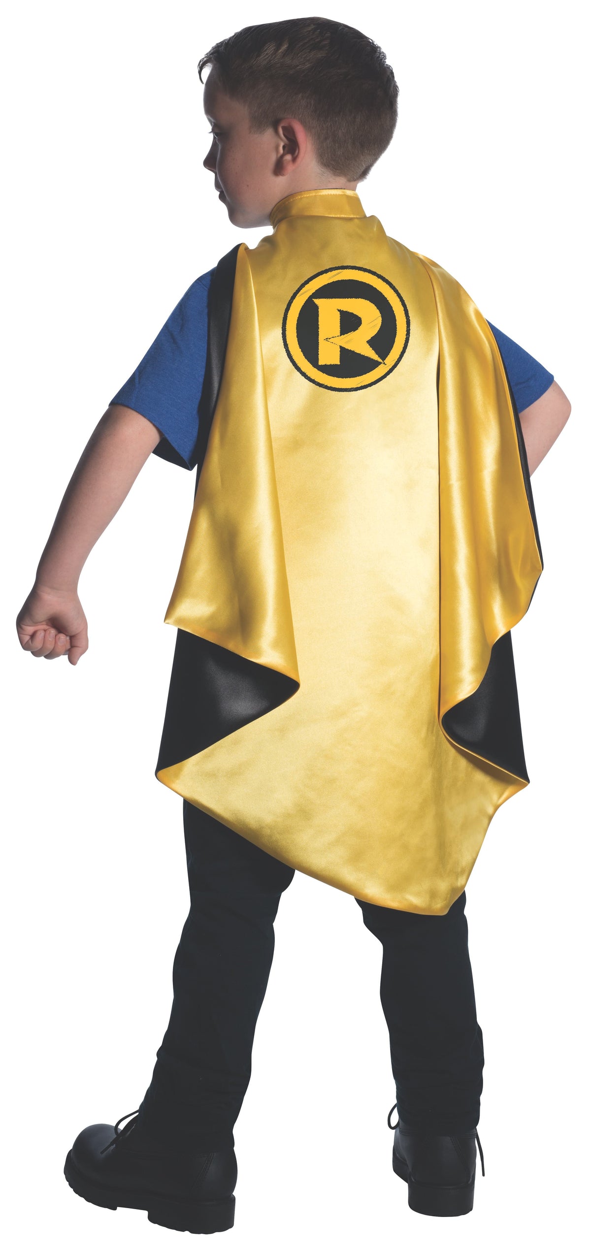 Back view of a boy wearing the yellow satin Robin cape with R logo