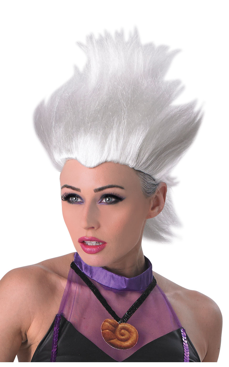 Woman wearing a tall white upright Ursula wig