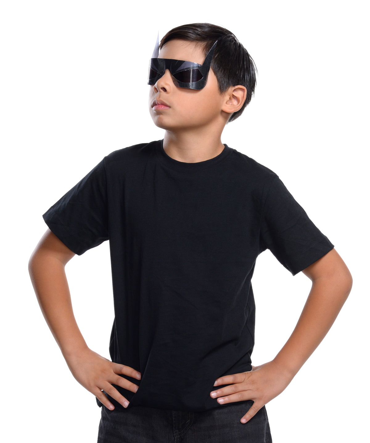 Boy wearing black Batman character eyes over his face