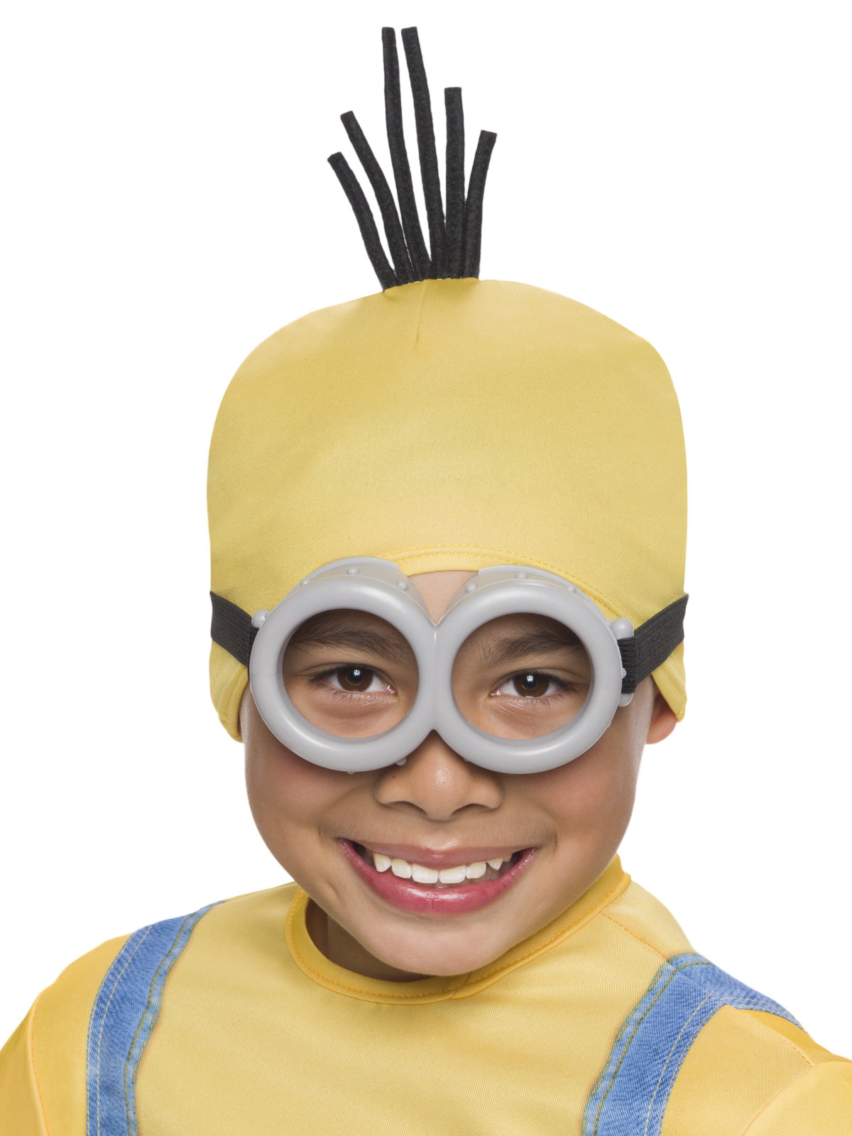 Child in a Minion outfit wearing the grey goggles