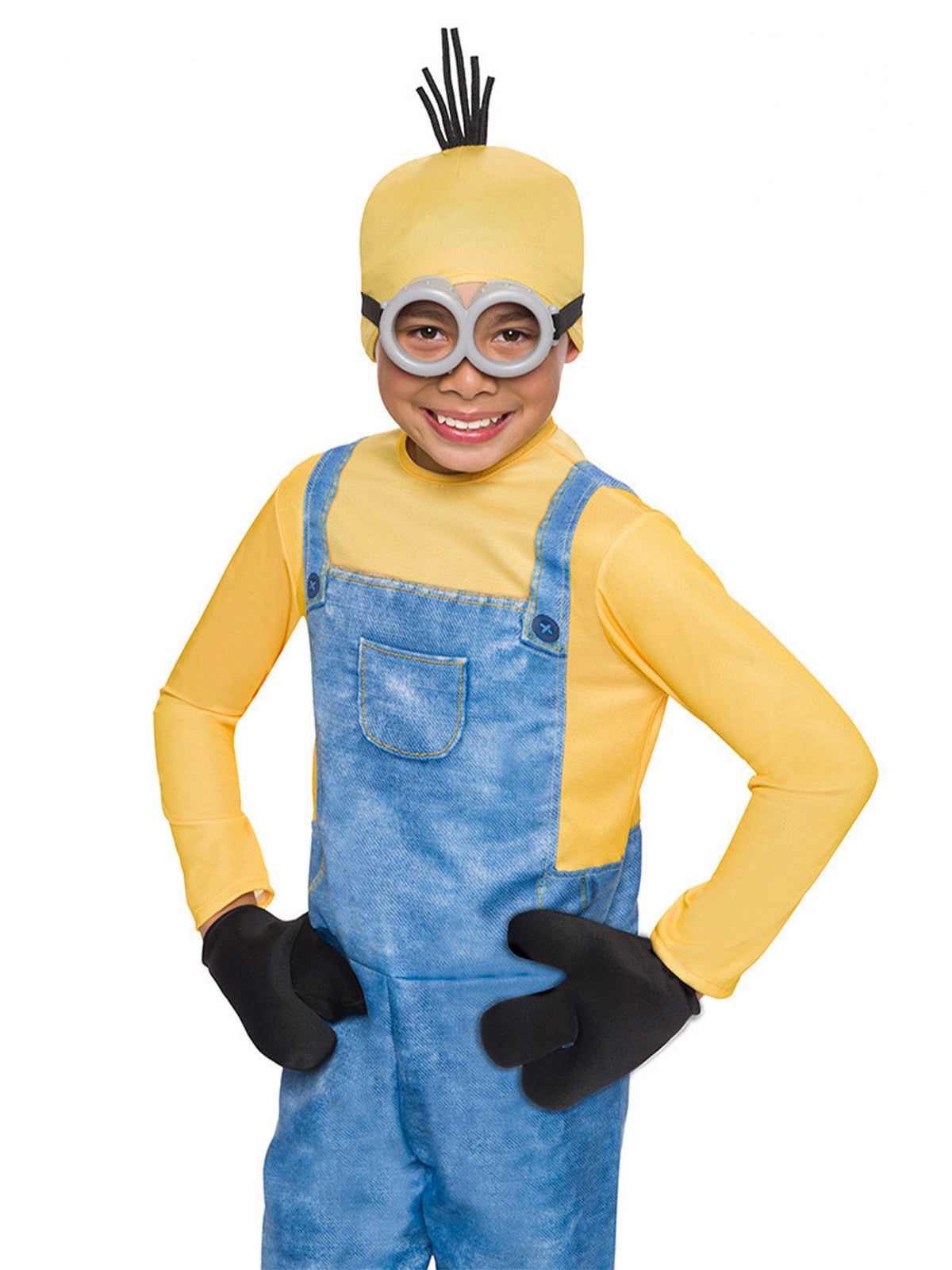 Alternate view of a child in a Minion outfit wearing the grey goggles