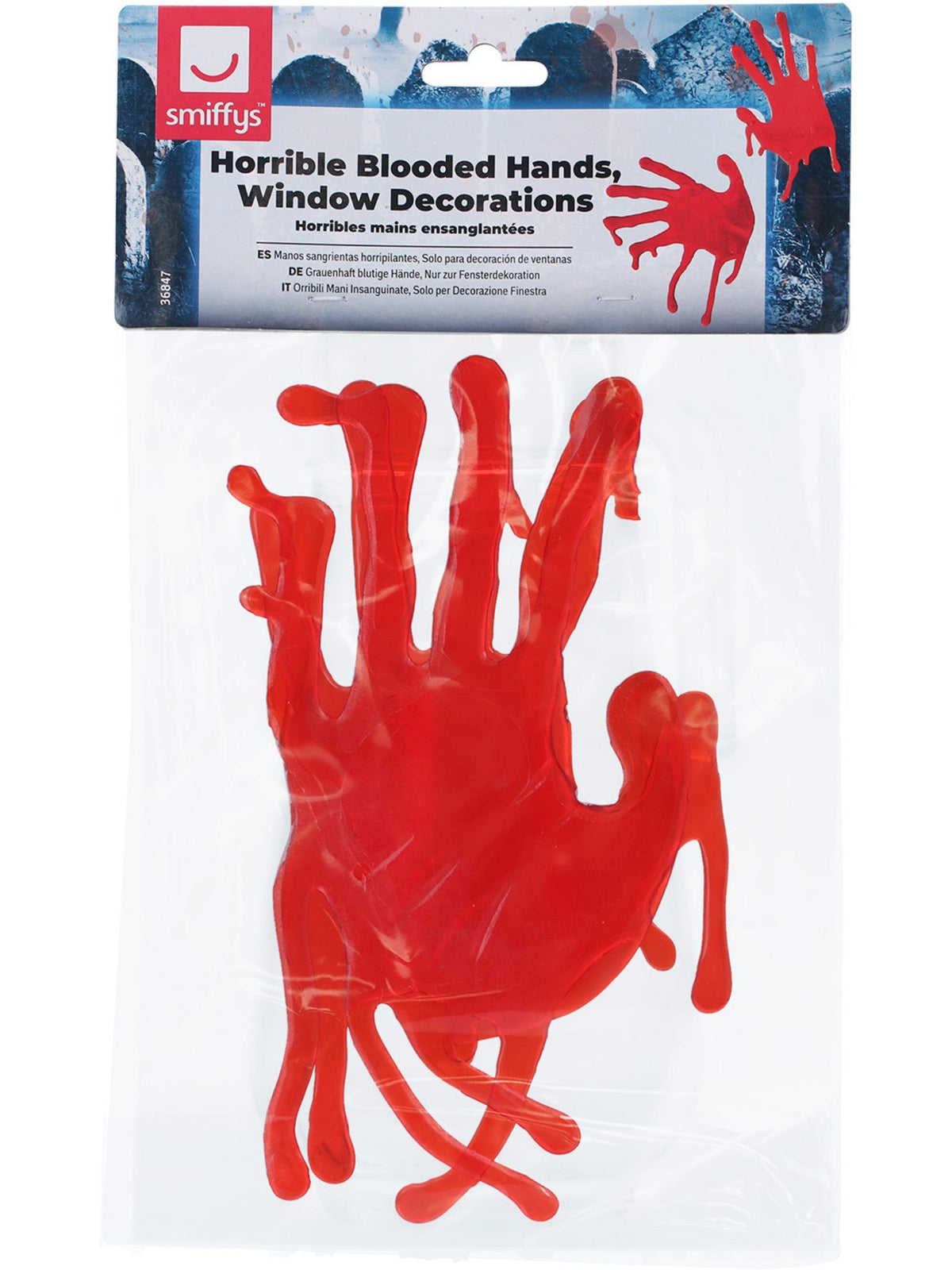 Bloody hands window decorations in their retail packaging