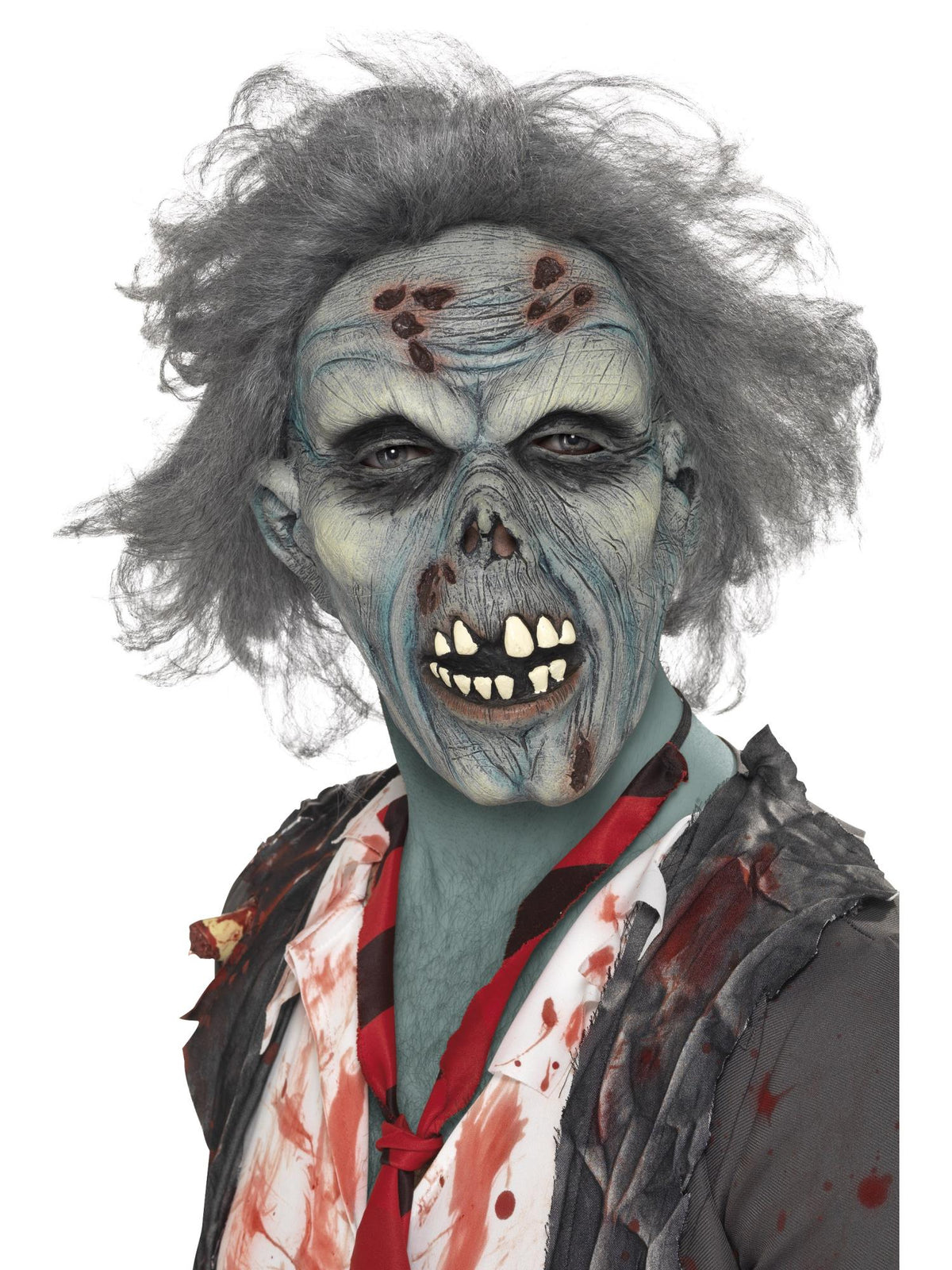 Decaying zombie overhead mask with grey hair, green rotting skin and bared teeth