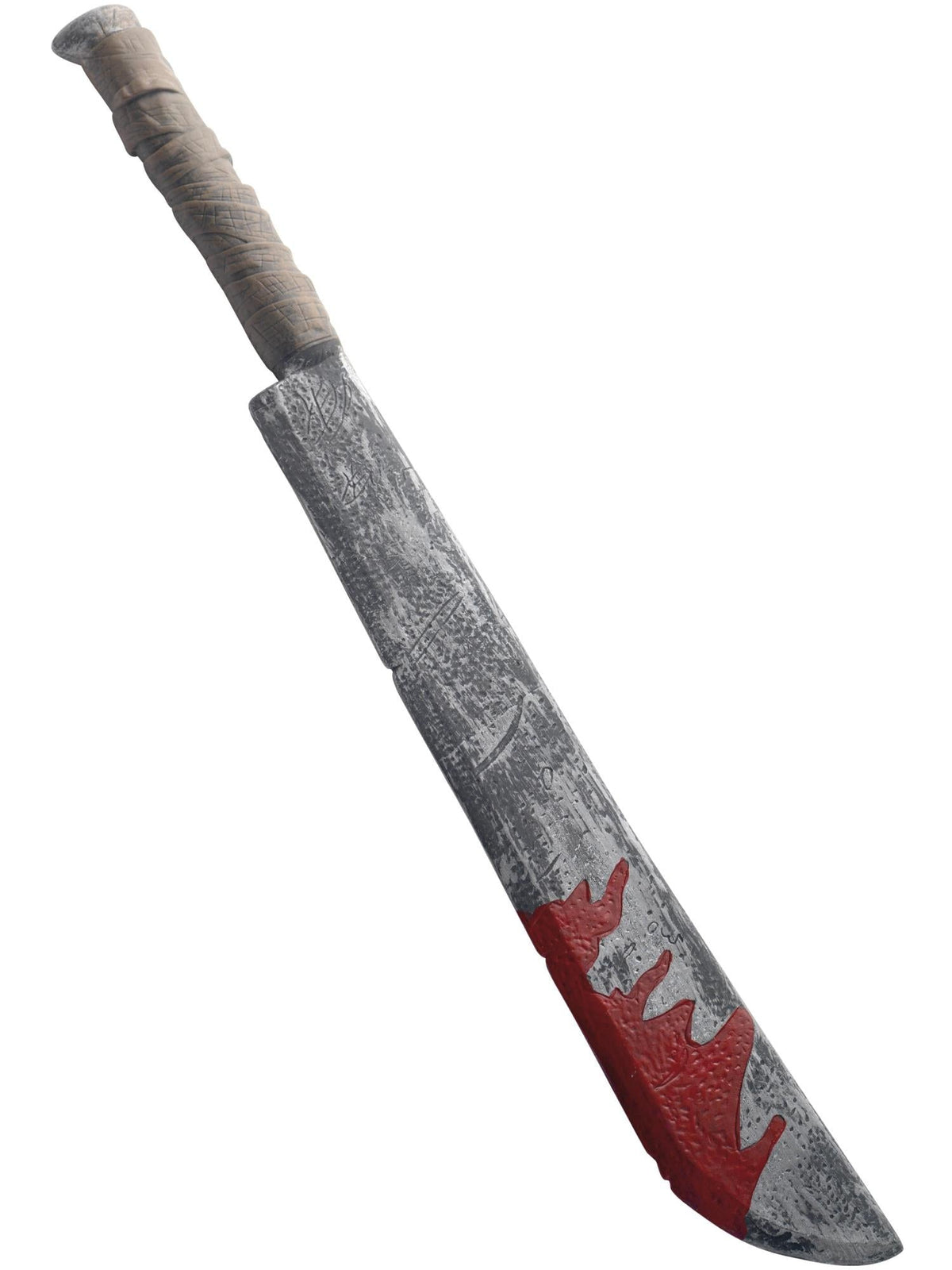 Grey plastic chopper prop with wrapped handle and red blood detail