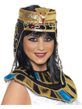 Woman wearing a gold Egyptian headdress with snake emblem