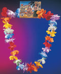 Multicoloured plastic flower lei in its retail packaging