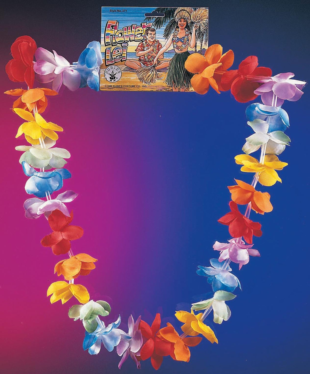 Multicoloured plastic flower lei in its retail packaging