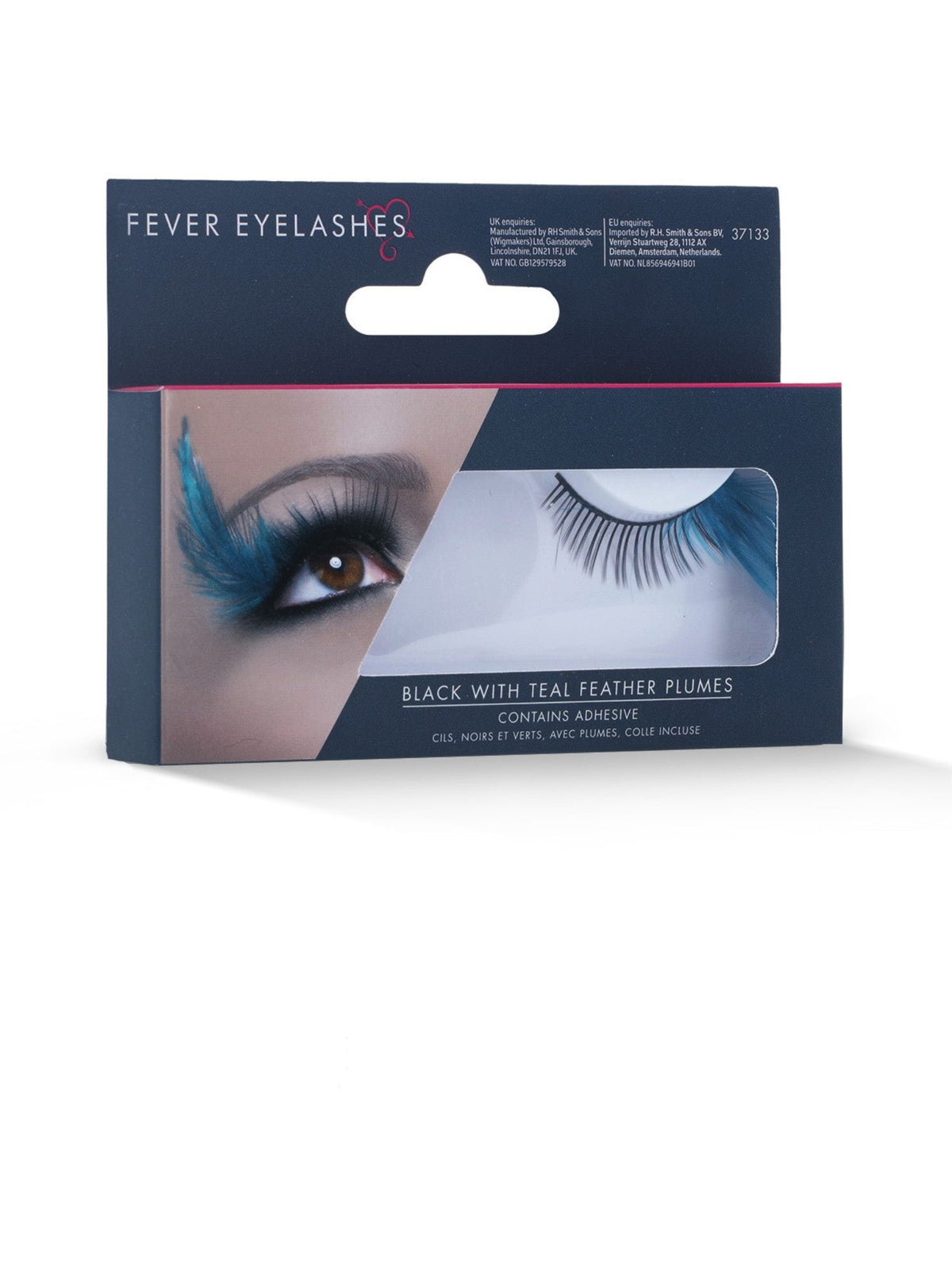 Green feather plume eyelashes in their retail packaging