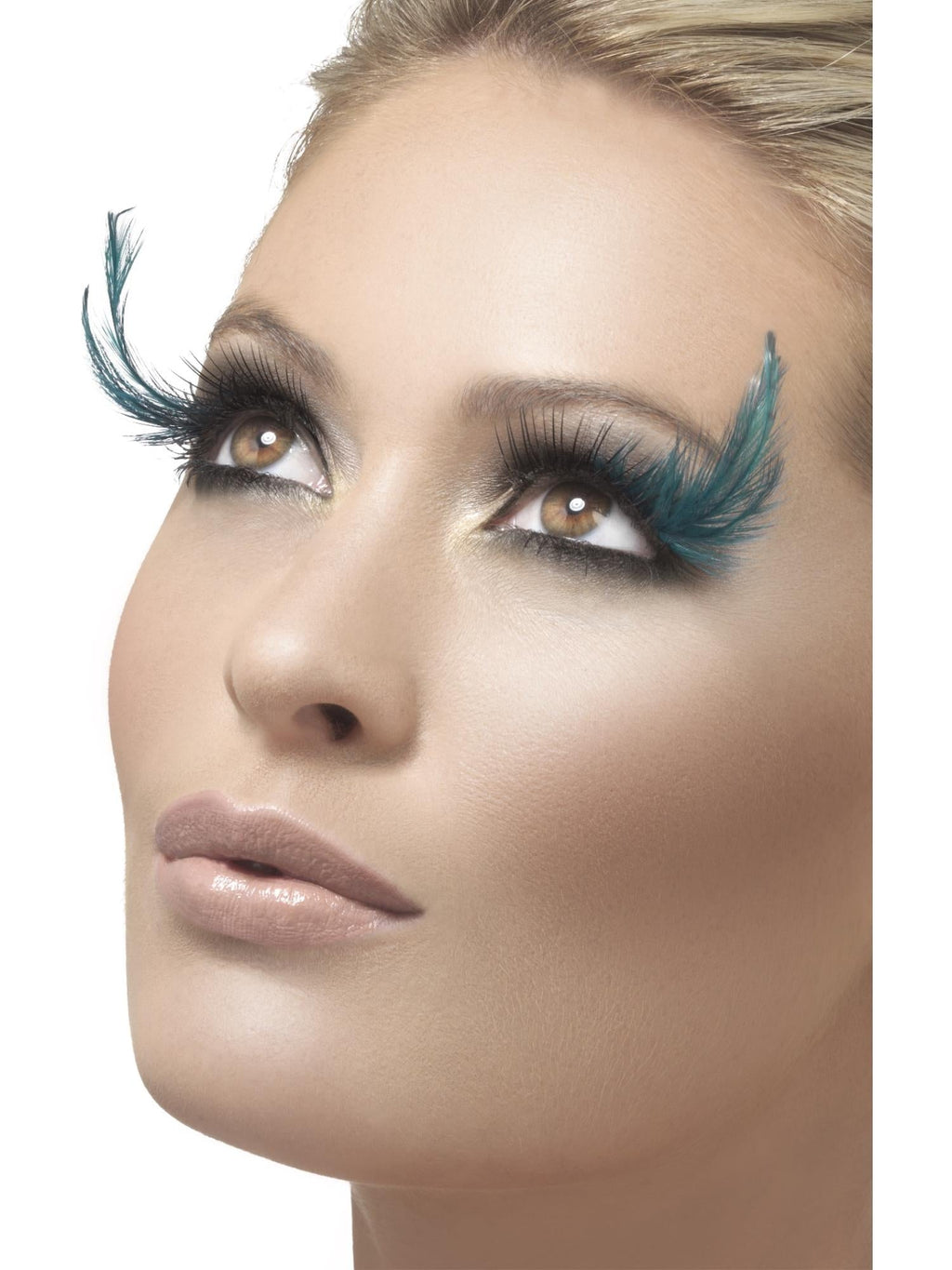 Close-up of false eyelashes with teal green feather plumes