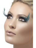 Close-up of false eyelashes with teal green feather plumes
