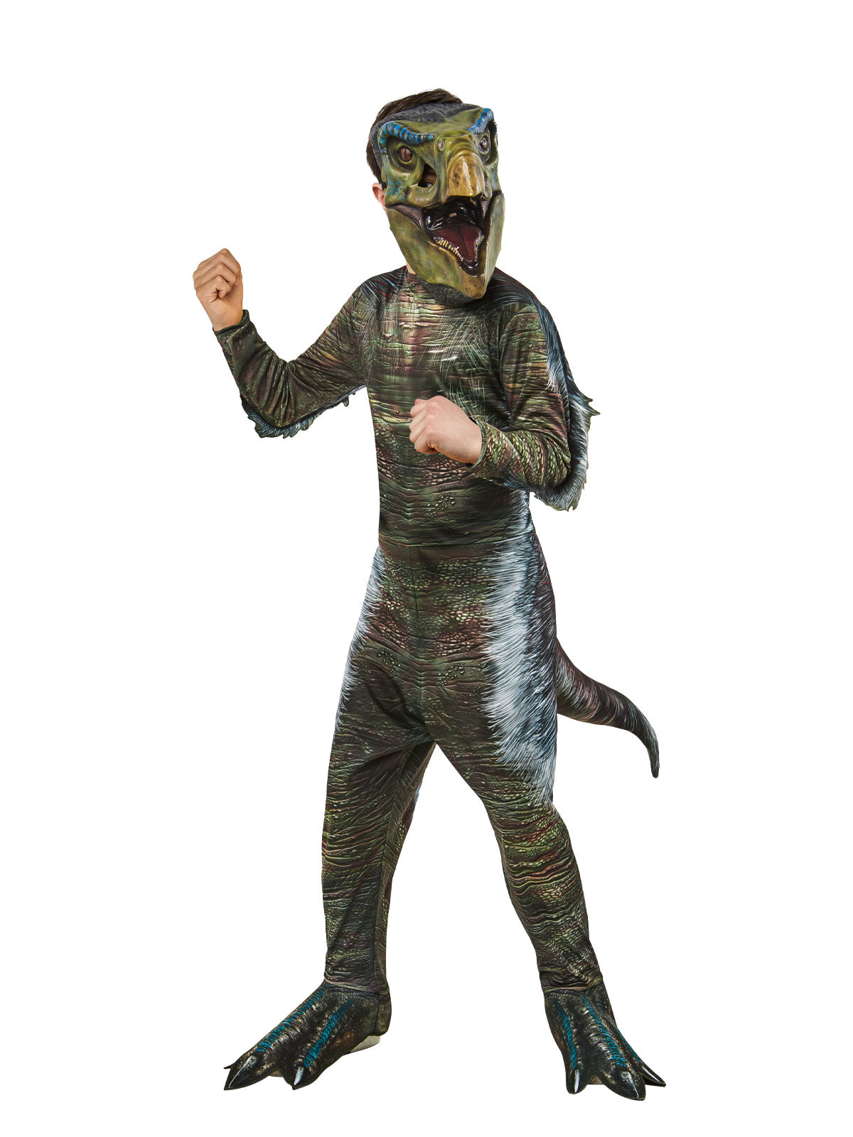 Child in a Therizinosaurus jumpsuit with reptile print, stuffable tail, clawed boot covers and 3D dinosaur mask